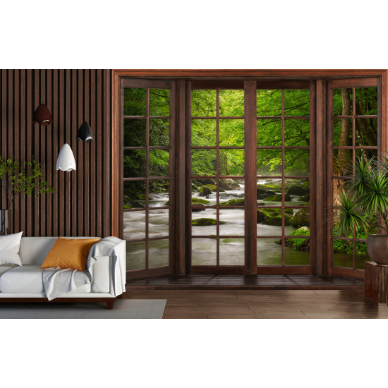 Optical Illusion Panoramic Wood Window Wall Mural / Wallpaper - River