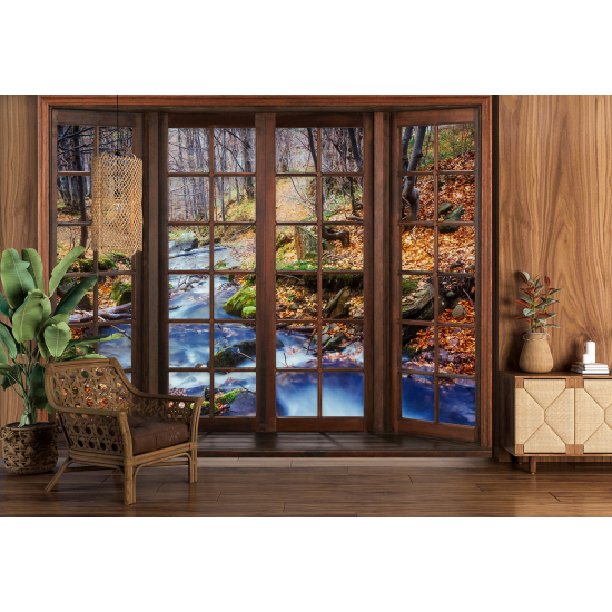 Optical Illusion Panoramic Wood Window Wall Mural / Wallpaper - River