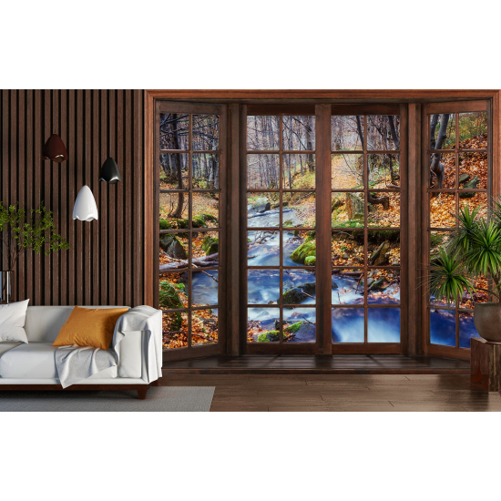 Optical Illusion Panoramic Wood Window Wall Mural / Wallpaper - River