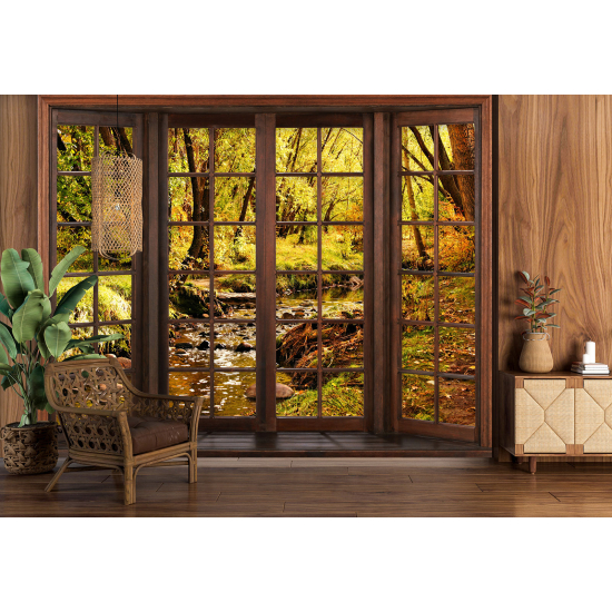 Optical Illusion Panoramic Wood Window Wall Mural / Wallpaper - River forest