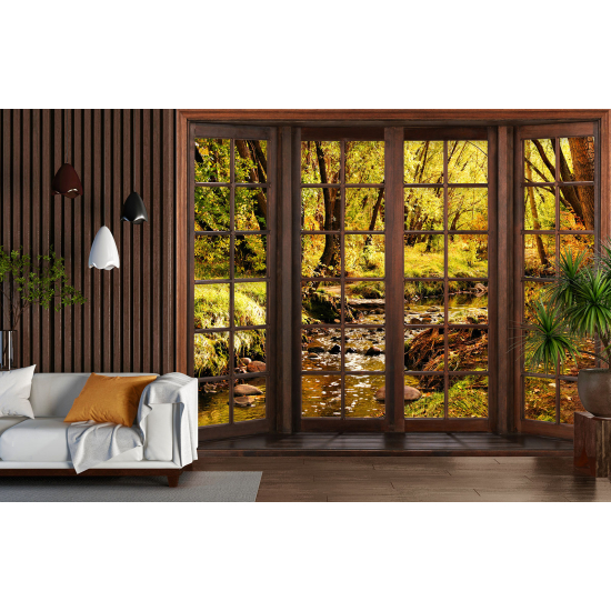 Optical Illusion Panoramic Wood Window Wall Mural / Wallpaper - River forest