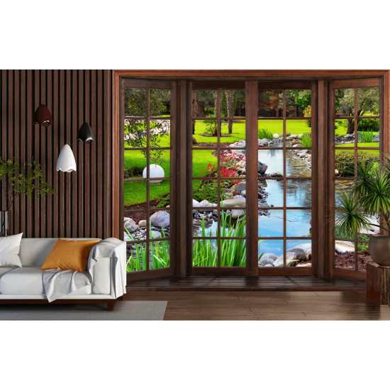 Optical Illusion Panoramic Wood Window Wall Mural / Wallpaper - Rivière Garden