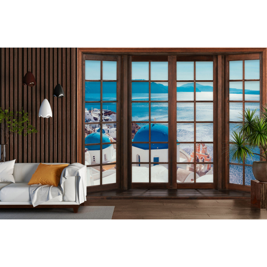 Optical Illusion Panoramic Wood Window Wall Mural / Wallpaper - Santorini