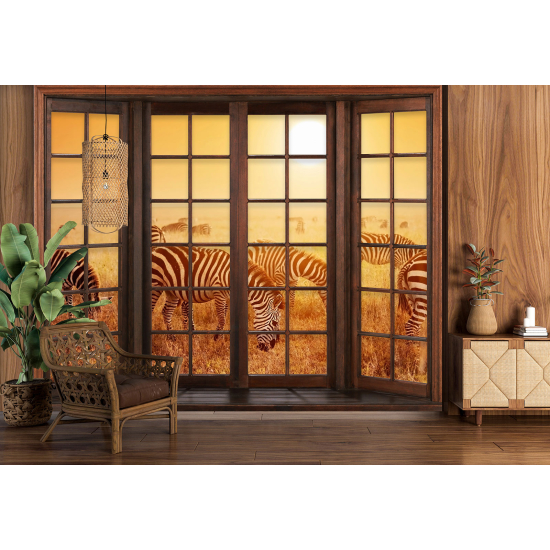 Optical Illusion Panoramic Wood Window Wall Mural / Wallpaper - Savanna Zebras