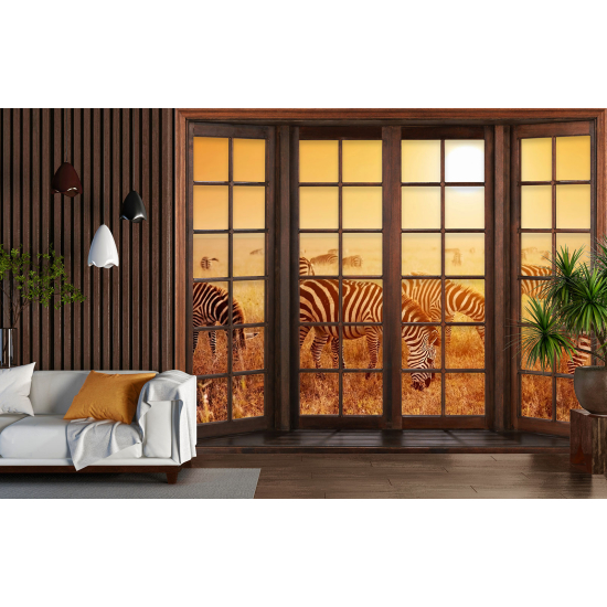 Optical Illusion Panoramic Wood Window Wall Mural / Wallpaper - Savanna Zebras