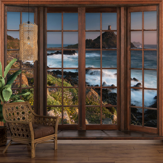 Optical Illusion Panoramic Wood Window Wall Mural / Wallpaper - Sea View