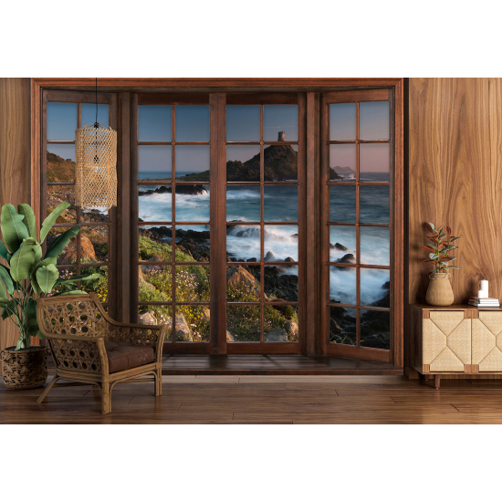 Optical Illusion Panoramic Wood Window Wall Mural / Wallpaper - Sea View