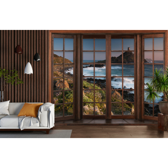 Optical Illusion Panoramic Wood Window Wall Mural / Wallpaper - Sea View