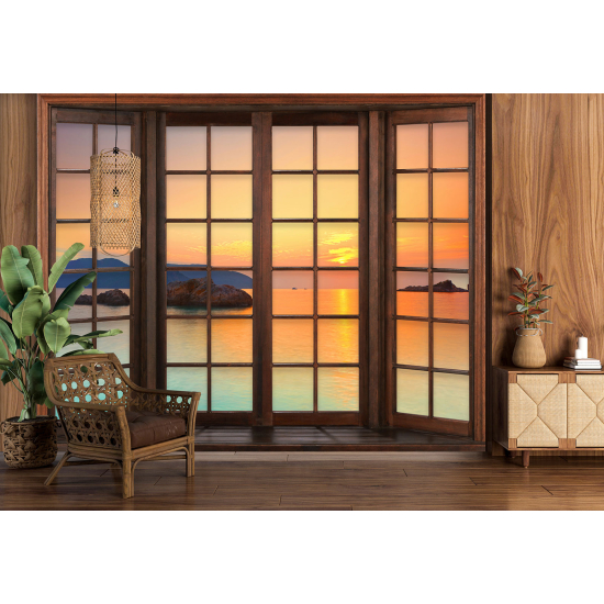 Optical Illusion Panoramic Wood Window Wall Mural / Wallpaper - Sea View