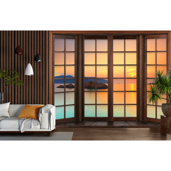 Optical Illusion Panoramic Wood Window Wall Mural / Wallpaper - Sea View