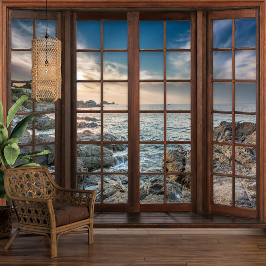 Optical Illusion Panoramic Wood Window Wall Mural / Wallpaper - Sea View