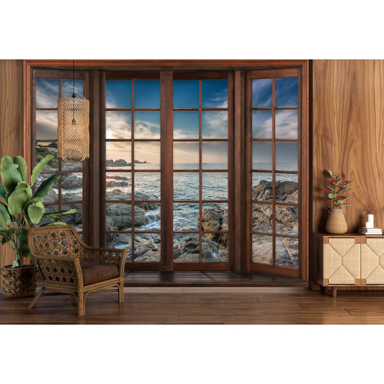 Optical Illusion Panoramic Wood Window Wall Mural / Wallpaper - Sea View