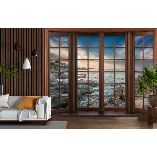 Optical Illusion Panoramic Wood Window Wall Mural / Wallpaper - Sea View