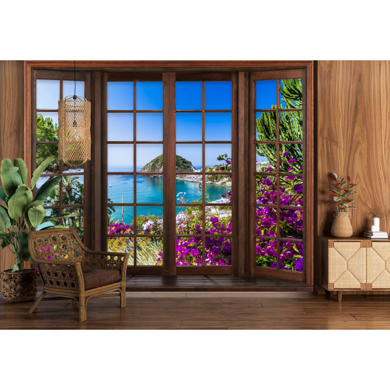 Optical Illusion Panoramic Wood Window Wall Mural / Wallpaper - Sea View