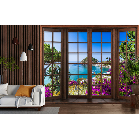 Optical Illusion Panoramic Wood Window Wall Mural / Wallpaper - Sea View