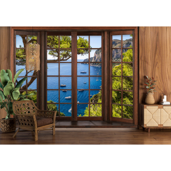 Optical Illusion Panoramic Wood Window Wall Mural / Wallpaper - Sea View