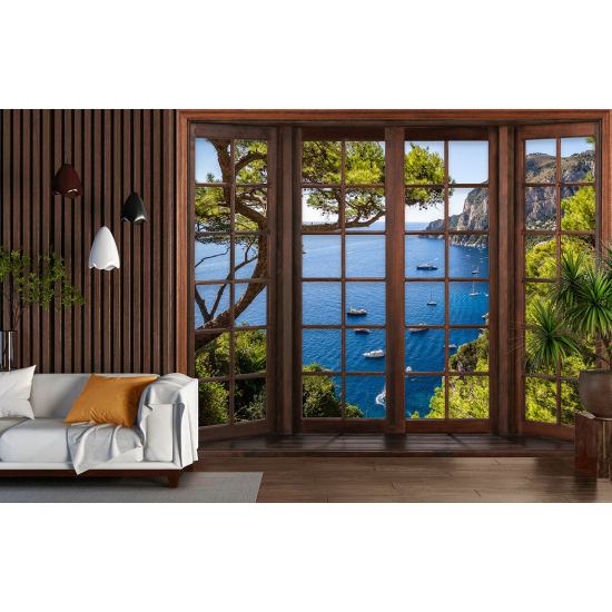 Optical Illusion Panoramic Wood Window Wall Mural / Wallpaper - Sea View