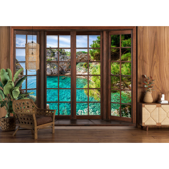 Optical Illusion Panoramic Wood Window Wall Mural / Wallpaper - Sea View