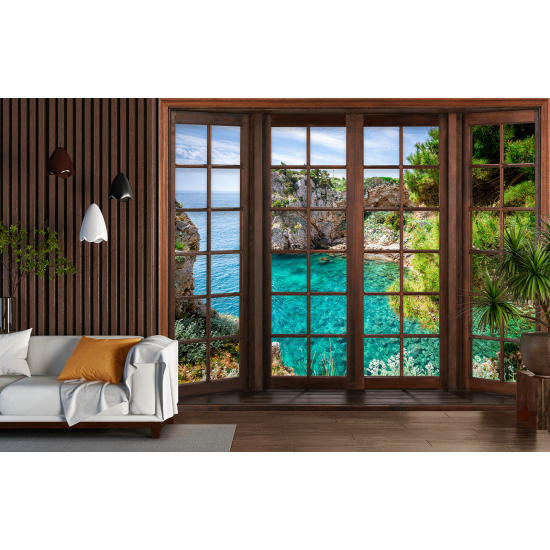 Optical Illusion Panoramic Wood Window Wall Mural / Wallpaper - Sea View