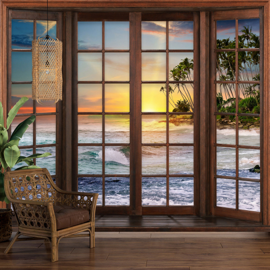 Optical Illusion Panoramic Wood Window Wall Mural / Wallpaper - Sea View