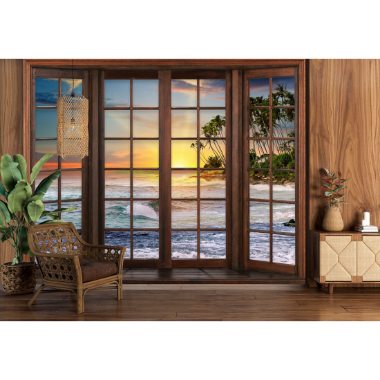 Optical Illusion Panoramic Wood Window Wall Mural / Wallpaper - Sea View