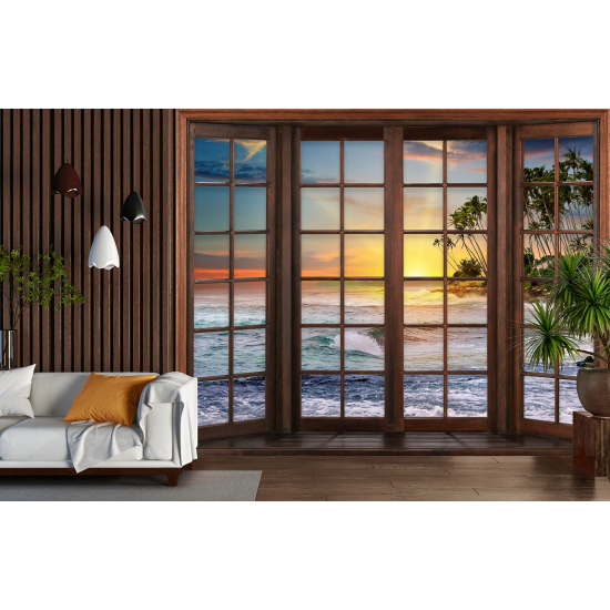 Optical Illusion Panoramic Wood Window Wall Mural / Wallpaper - Sea View