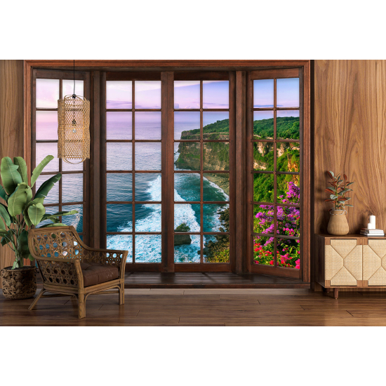 Optical Illusion Panoramic Wood Window Wall Mural / Wallpaper - Sea View