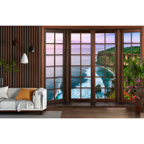 Optical Illusion Panoramic Wood Window Wall Mural / Wallpaper - Sea View