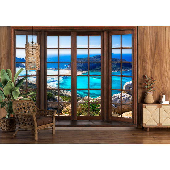 Optical Illusion Panoramic Wood Window Wall Mural / Wallpaper - Sea View