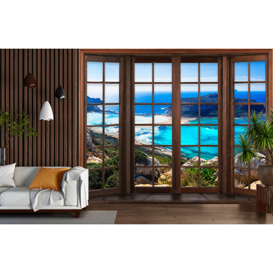 Optical Illusion Panoramic Wood Window Wall Mural / Wallpaper - Sea View