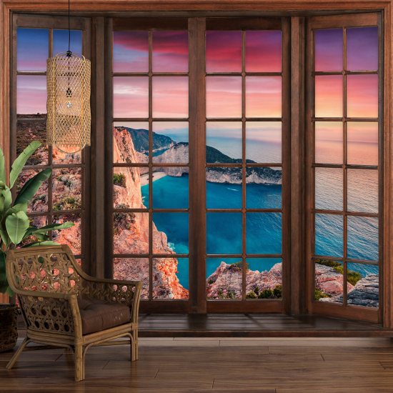 Optical Illusion Panoramic Wood Window Wall Mural / Wallpaper - Sea View