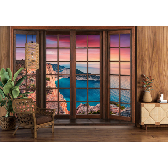 Optical Illusion Panoramic Wood Window Wall Mural / Wallpaper - Sea View