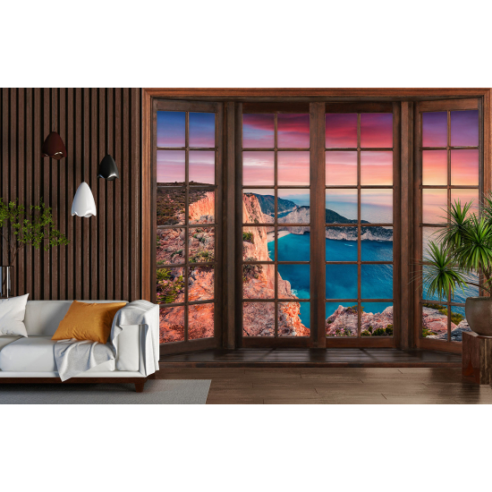 Optical Illusion Panoramic Wood Window Wall Mural / Wallpaper - Sea View