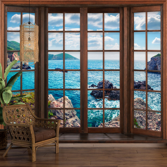 Optical Illusion Panoramic Wood Window Wall Mural / Wallpaper - Sea View