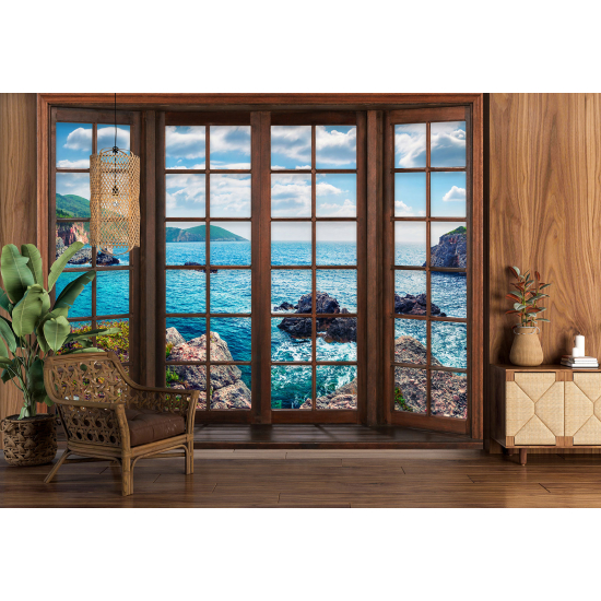 Optical Illusion Panoramic Wood Window Wall Mural / Wallpaper - Sea View