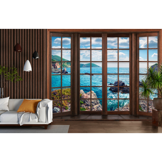 Optical Illusion Panoramic Wood Window Wall Mural / Wallpaper - Sea View