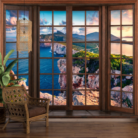 Optical Illusion Panoramic Wood Window Wall Mural / Wallpaper - Sea View