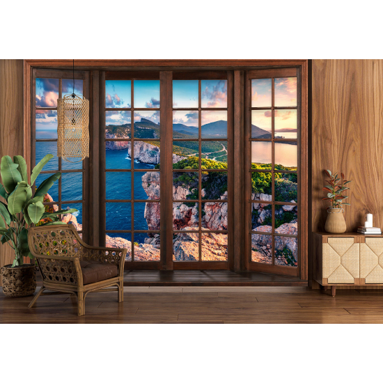 Optical Illusion Panoramic Wood Window Wall Mural / Wallpaper - Sea View