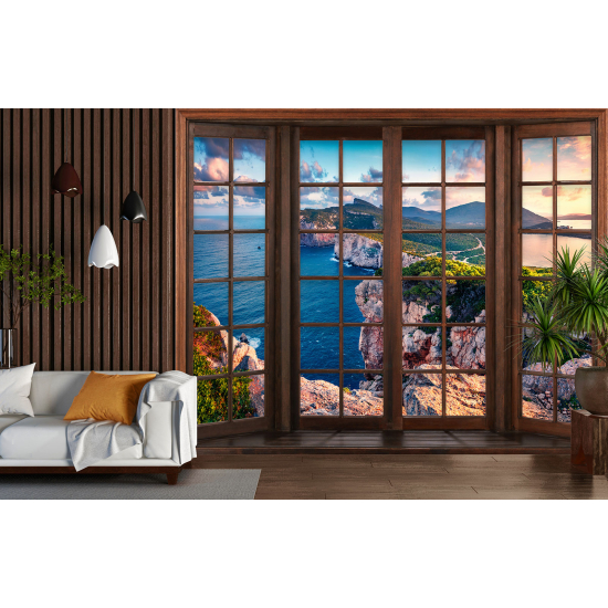 Optical Illusion Panoramic Wood Window Wall Mural / Wallpaper - Sea View