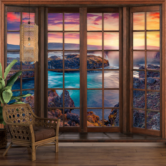 Optical Illusion Panoramic Wood Window Wall Mural / Wallpaper - Sea View