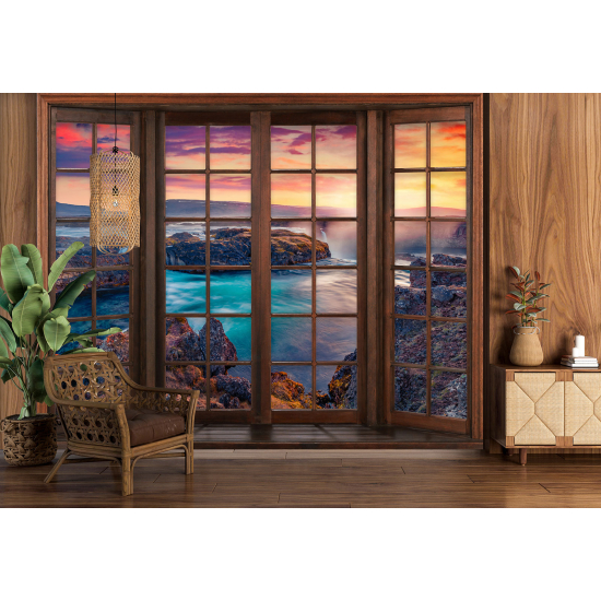 Optical Illusion Panoramic Wood Window Wall Mural / Wallpaper - Sea View