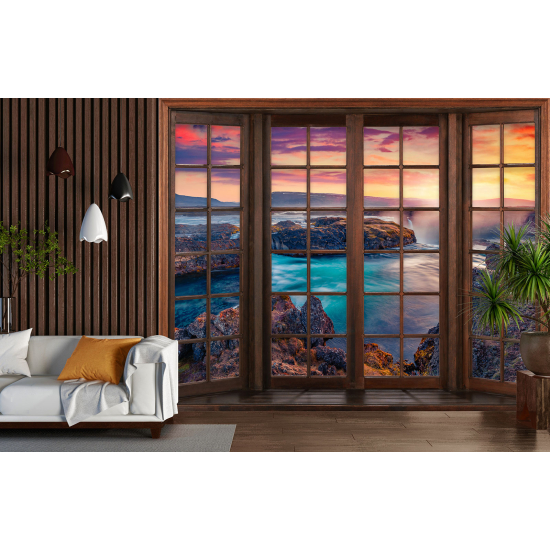 Optical Illusion Panoramic Wood Window Wall Mural / Wallpaper - Sea View