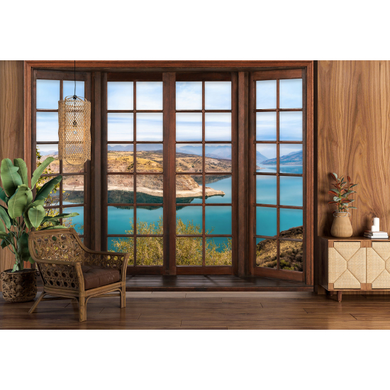 Optical Illusion Panoramic Wood Window Wall Mural / Wallpaper - Sea View