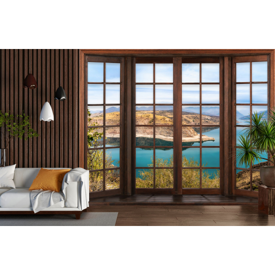 Optical Illusion Panoramic Wood Window Wall Mural / Wallpaper - Sea View