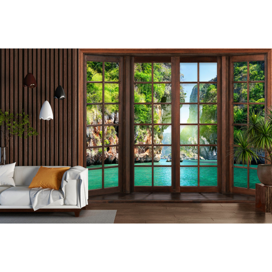 Optical Illusion Panoramic Wood Window Wall Mural / Wallpaper - Thailand