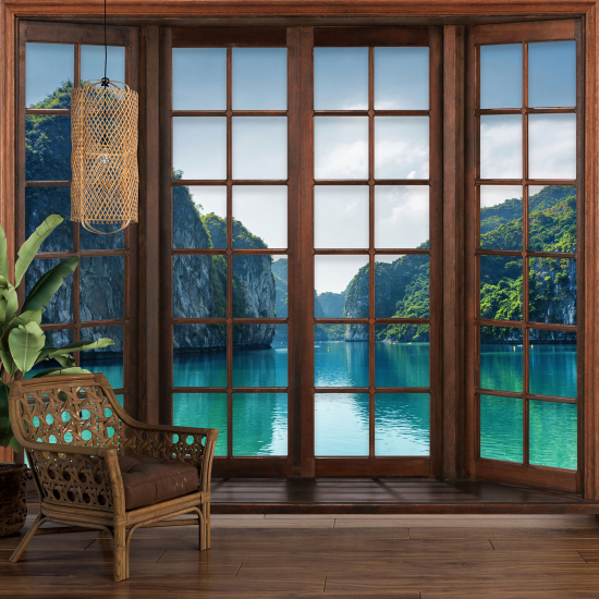 Optical Illusion Panoramic Wood Window Wall Mural / Wallpaper - Thailand