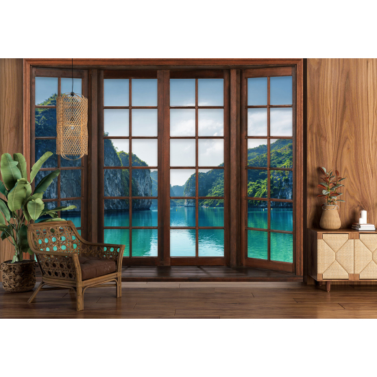 Optical Illusion Panoramic Wood Window Wall Mural / Wallpaper - Thailand