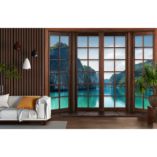 Optical Illusion Panoramic Wood Window Wall Mural / Wallpaper - Thailand