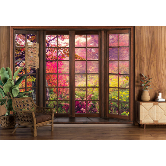 Optical Illusion Panoramic Wood Window Wall Mural / Wallpaper - Trees