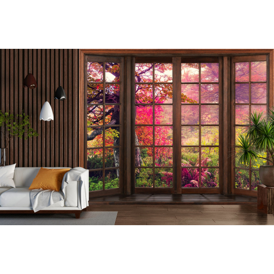 Optical Illusion Panoramic Wood Window Wall Mural / Wallpaper - Trees